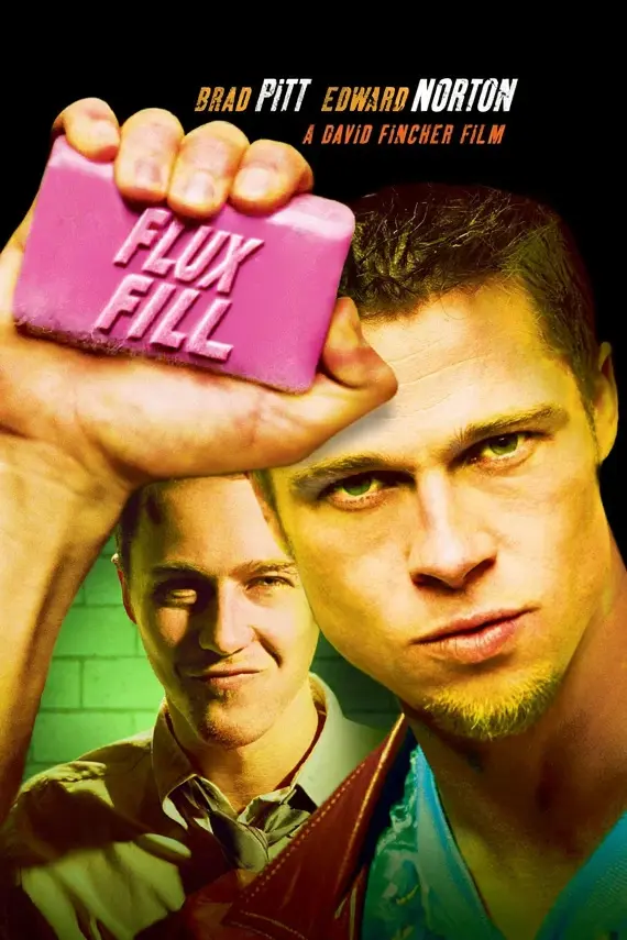 movie poster says "FLUX FILL" in embossed pink text on a soap