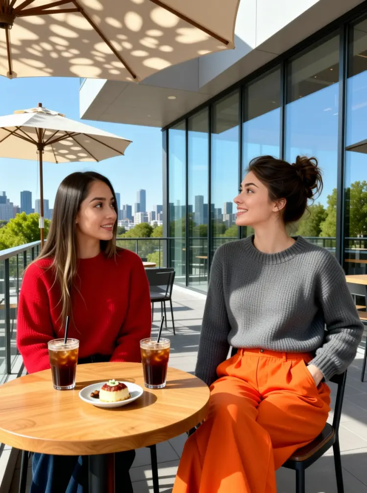 On the terrace of a modern art café, two young women are enjoying a leisurely afternoon. The woman on the left is wearing a red sweater. The woman on the right is wearing a gray neck knit sweater and a pair of eye-catching orange wide-leg pants; her left hand is casually tucked into her pocket, and she is tilting her head while talking to her companion.

They are sitting side-by-side at a small, natural wood-colored table topped with two iced coffees and a small plate of dessert. In the background, there is a city skyline visible through floor-to-ceiling windows and green trees in the distance, with sunlight casting dappled shadows through a parasol.