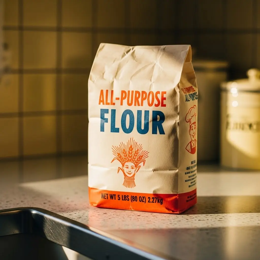Capture an intimate close-up bathed in warm, soft, late-afternoon sunlight filtering into a quintessential 1960s kitchen. The focal point is a charmingly designed vintage package of all-purpose flour, resting invitingly on a speckled Formica countertop. The packaging itself evokes pure nostalgia: perhaps thick, slightly textured paper in a warm cream tone, adorned with simple, bold typography (a friendly serif or script) in classic red and blue "ALL-PURPOSE FLOUR