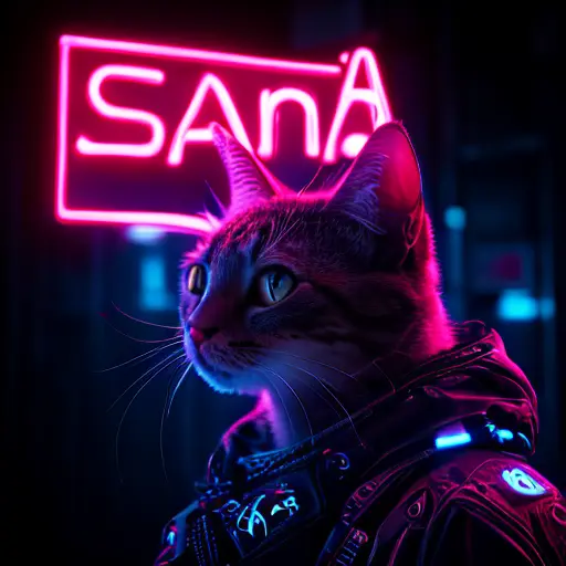 a cyberpunk cat with a neon sign that says "Sana"