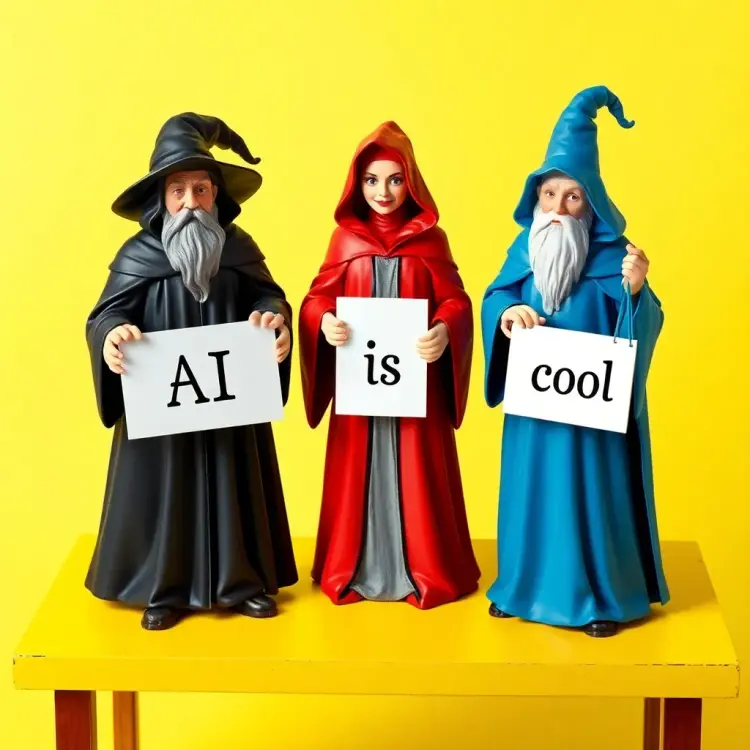 Three magical wizards standing on a yellow table, each holding a sign. On the left, a wizard in black robes holds a sign that says ‘AI’; in the middle, a witch in red robes holds a sign that says ‘is’; and on the right, a wizard in blue robes holds a sign that says ‘cool’