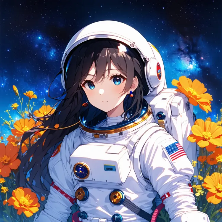 a captivating anime-style illustration of a young woman in a white astronaut suit. She has long, dark wavy hair. Surrounding the astronaut are vibrant orange flowers with yellow centers. The background itself is a mesmerizing night sky filled with countless stars