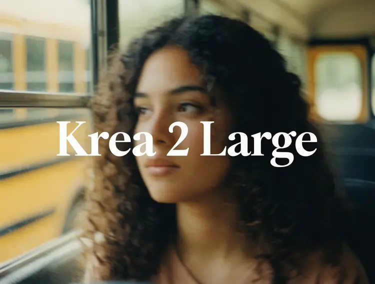 The text "Krea 2 Large" in the center middle in large serif font. A color film-inspired portrait of a young woman looking to the left, shallow depth of field. She is looking out a school bus window. The fine grain and cast suggest a high ISO film stock, while the wide aperture lens creates a motion blur effect, enhancing the candid and natural documentary style.