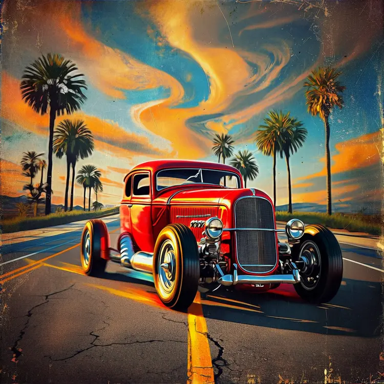 Retro-futuristic, high-contrast, dynamic illustration of a vintage red hot-rod on a California road, in the background palm trees, cinematic, vibrant, painterly, energetic, nostalgic, expressive, vanishing point, orange, blue and hues, distressed print, high contrast image