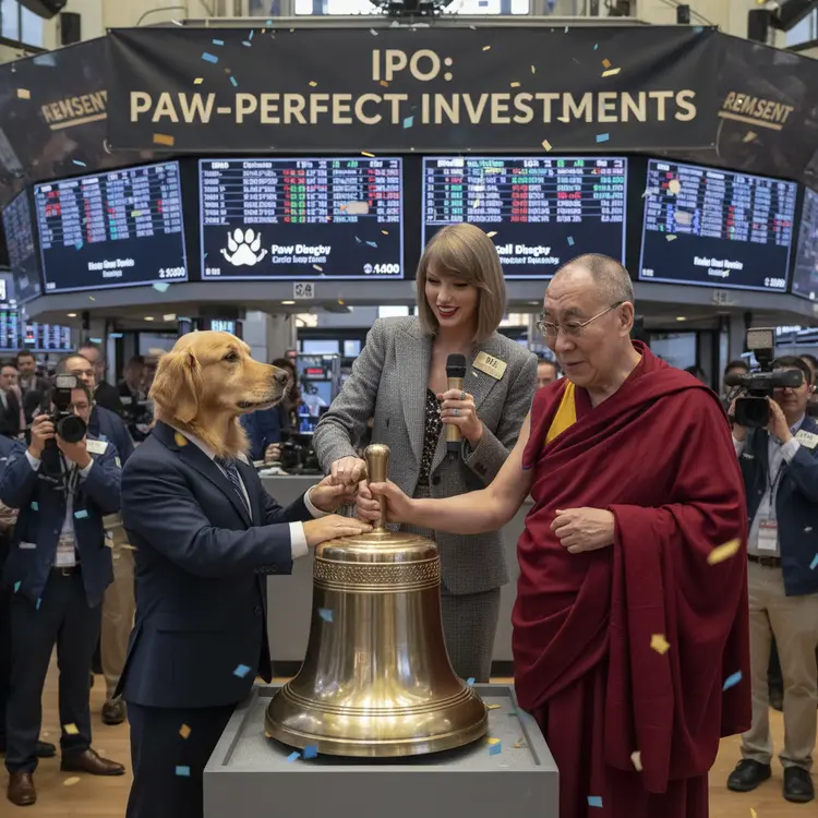 A golden retriever, the Dalai Lama, and Taylor Swift ring the bell at the New York stock exchange for their new company