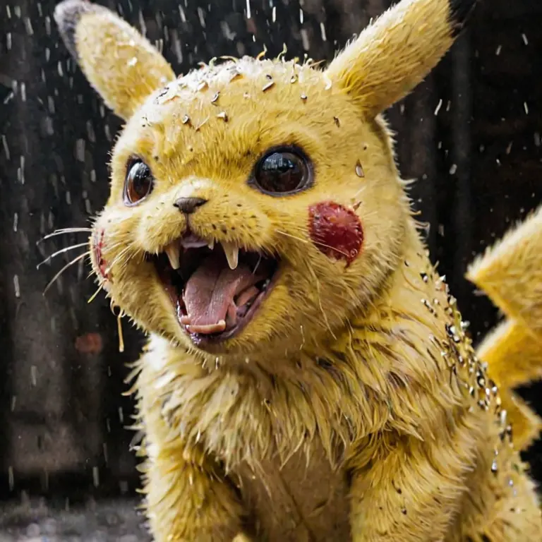 RAW photo of sweaty Pikachu as a real character, film grain,sweaty face, extreme detailed face,angry, sharp teeth,as gore movie,gruesome:1.0
