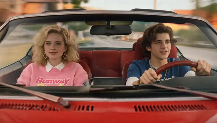 a close up portrait of @woman and @man driving fast in a red 1980s sports car