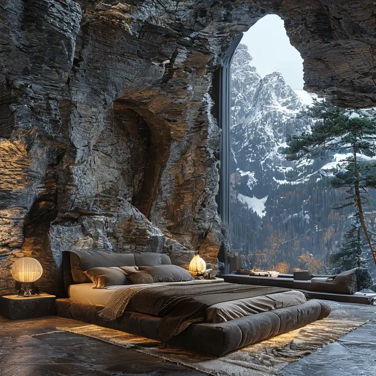 a stunning and luxurious bedroom carved into a rocky mountainside seamlessly blending nature with modern design with a plush earth-toned bed textured stone walls circular fireplace massive uniquely shaped window framing snow-capped mountains dense forests