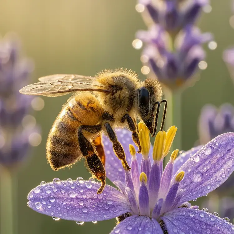 An extreme close-up macro photograph of a honeybee collecting pollen from a lavender flower, every hair and wing vein sharply detailed, soft bokeh background with morning dew drops glistening on purple petals, natural golden hour lighting, shot on Hasselblad with 100mm macro lens