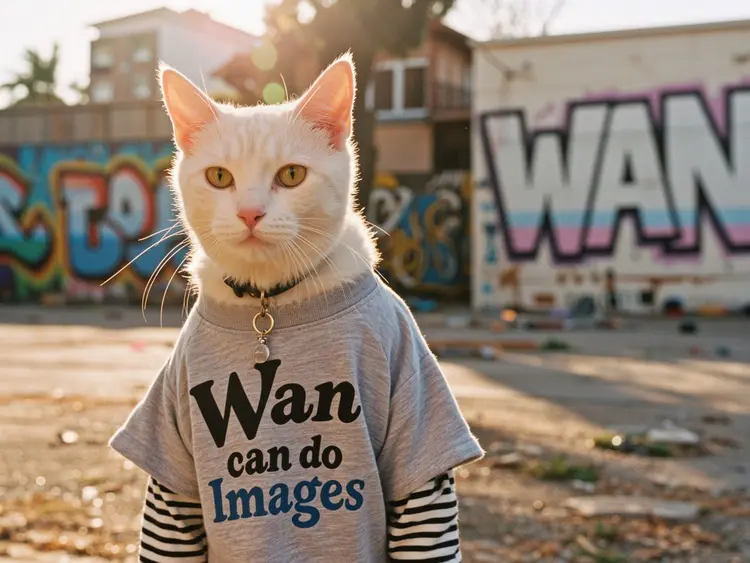 A cinematic, photorealistic medium shot capturing the nostalgic warmth of a mid-2000s indie film. The focus is a cat with a messy cool platinum white fur, looking directly and intently into the camera lens with a knowing smirk, its head is looking up slightly. The cat wears an oversized band t-shirt that says “Wan can do Images" in huge stylized text over a long-sleeved striped top and simple silver stud earrings. The lighting is soft, golden hour sunlight creating lens flare and illuminating dust motes in the air. The background shows a blurred outdoor urban setting with graffiti-covered walls (the graffiti says “WAN" in stylized graffiti lettering), rendered with a shallow depth of field. Natural film grain, a warm, slightly muted color palette, and sharp focus on its expressive eyes enhance the intimate, authentic feel