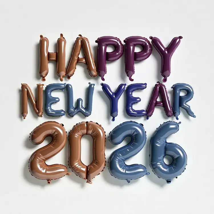 photorealistic, high resolution rendering, balloon of lettering, "HAPPY NEW YEAR 2026", used color is Pantone Bran, Crocus, Deja vu blue, perfect composition and alignment, natural light set, white backdrop, ultra realistic, rich detail