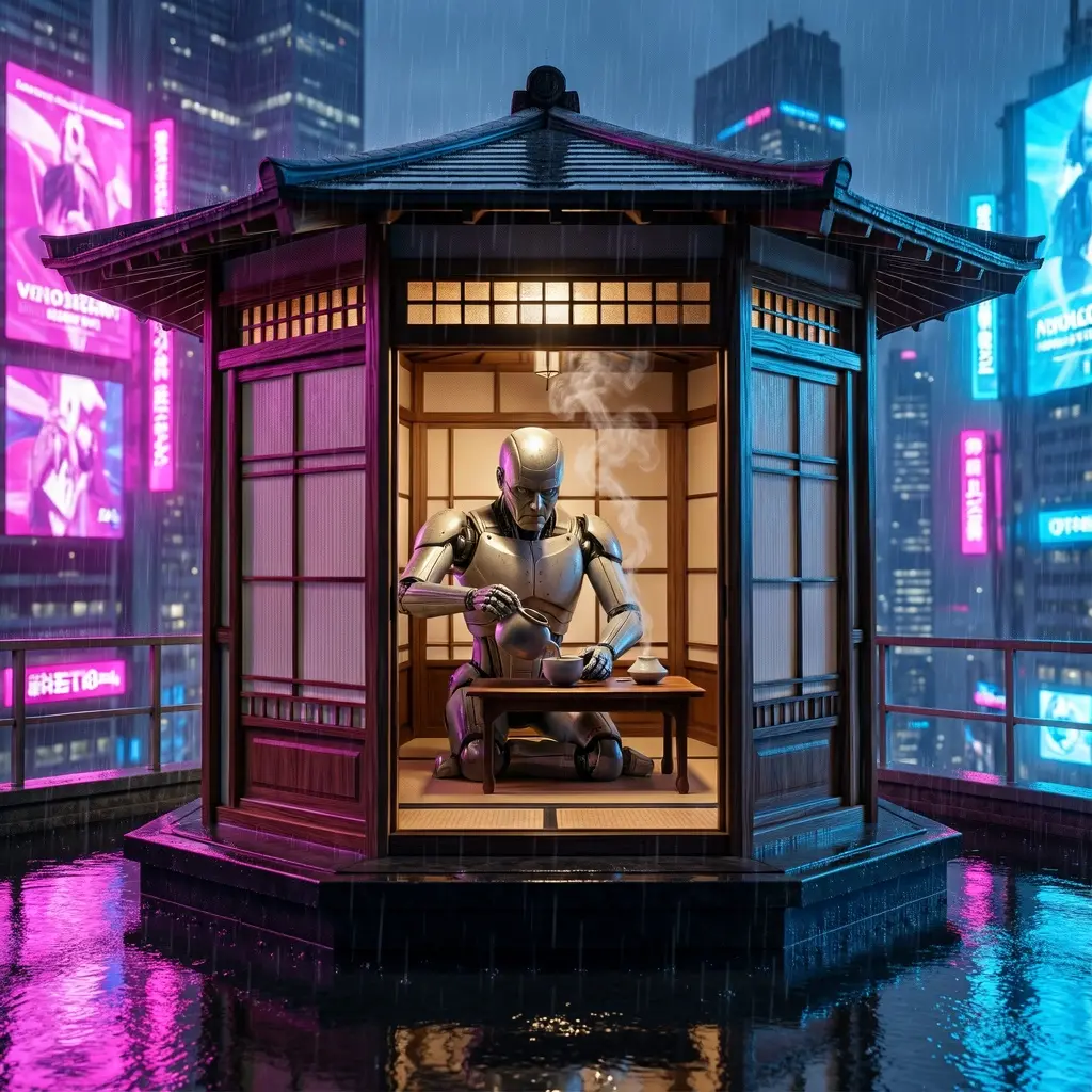 A small traditional Japanese tea house perched on a skyscraper rooftop in a neon-lit cyberpunk city. Rain streaks across holographic billboards in the background, reflecting magenta and electric blue light onto wet wood panels. Inside the tea house, an elderly android calmly pours tea, steam mixing with the rain-soaked air. Hyper-realistic style, cyberpunk noir aesthetic, reflective surfaces, cinematic lighting, depth of field, ultra-high detail.