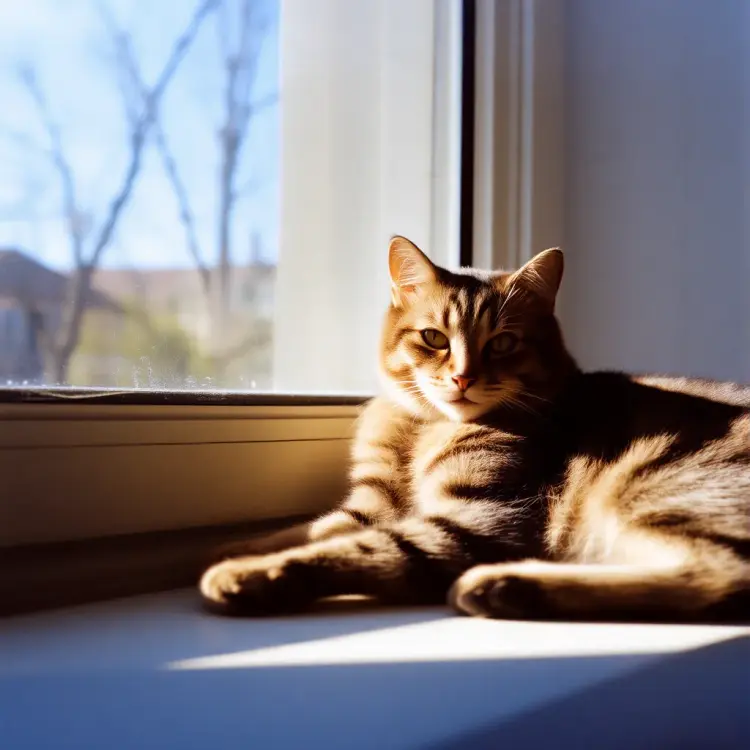 A tabby cat lounging on a sun-dappled windowsill, half its body in shadow, half in bright light, flmft style