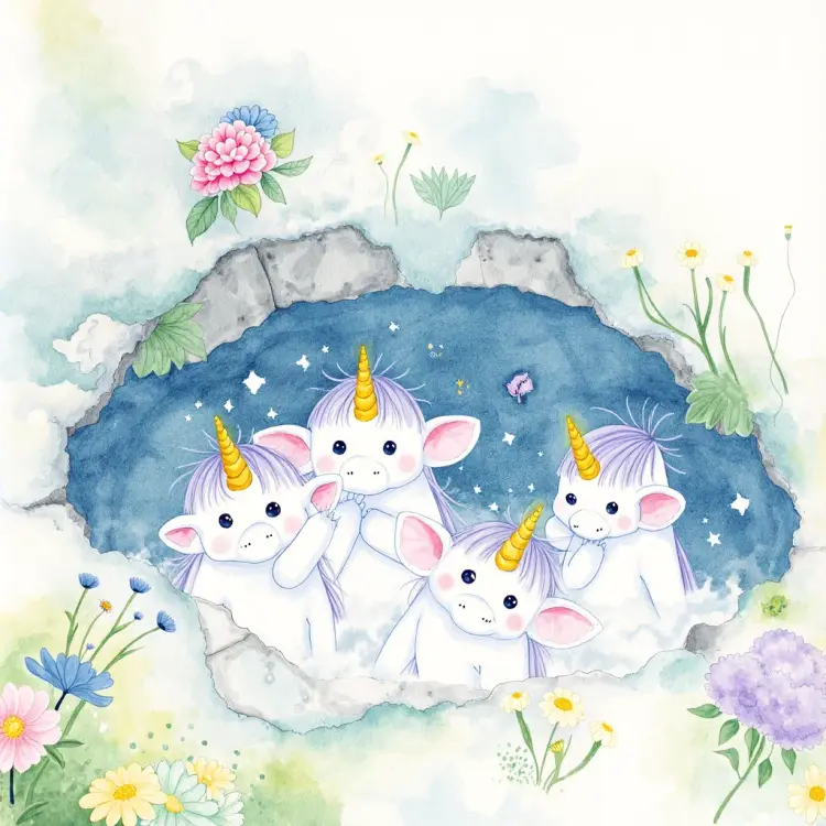 watercolor cartoon of white unicorns with golden horns in a hole