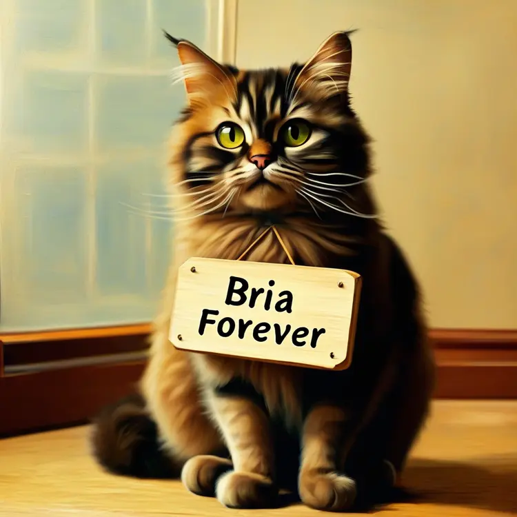 Oil painting of a fluffy, wide-eyed cat sitting upright, holding a small wooden sign reading “Bria Forever.” Rich textures, dramatic brushstrokes, warm tones, and vintage charm