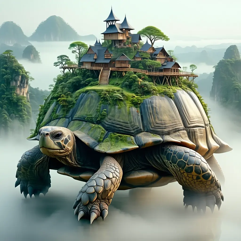 Scene of a giant ancient tortoise with a fantasy city built on its back. The tortoise’s shell is covered in lush, dense forest with towering trees and a hidden, misty village nestled in the foliage. The city consists of intricately designed buildings that blend seamlessly with the natural environment, featuring rope bridges connecting different sections of the city