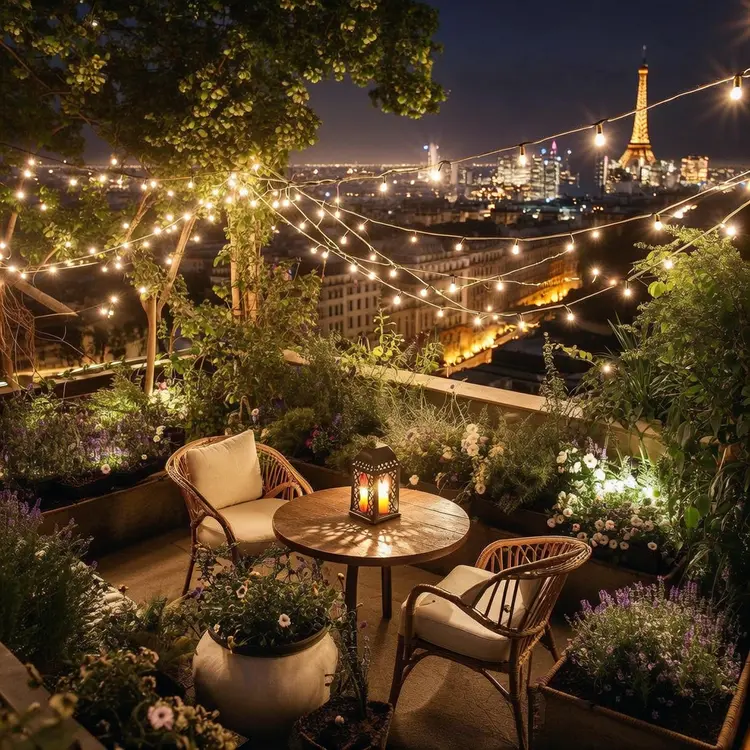 A cozy rooftop garden in Paris under the warm glow of lights at night overlook