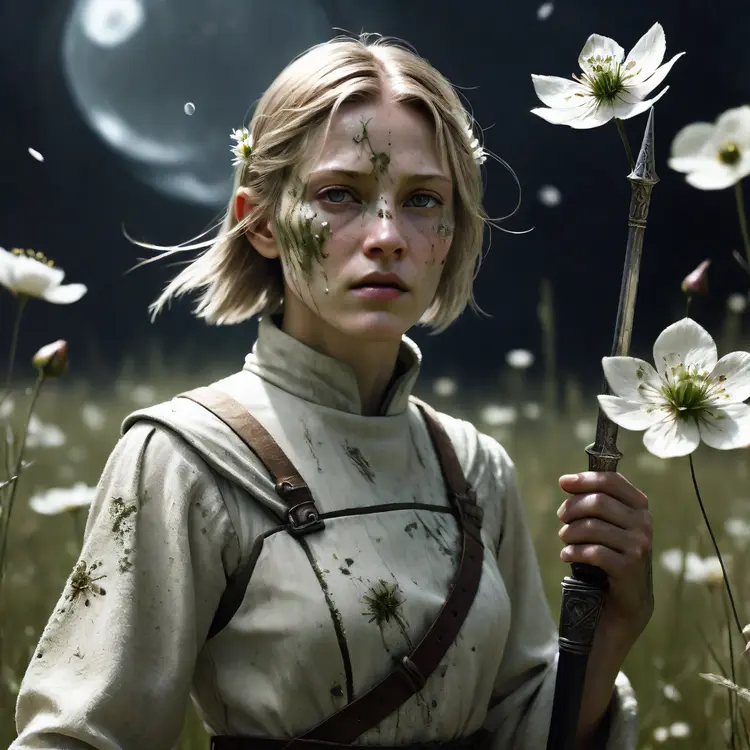 Super Closeup Portrait, action shot, Profoundly dark whitish meadow, glass flowers, Stains, space grunge style, Jeanne d'Arc wearing White Olive green used styled Cotton frock, Wielding thin silver sword, Sci-fi vibe, dirty, noisy, Vintage monk style, very detailed, hd