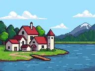 A quaint village rests on the edge of a sparking lake, with trees and blue sky in the background