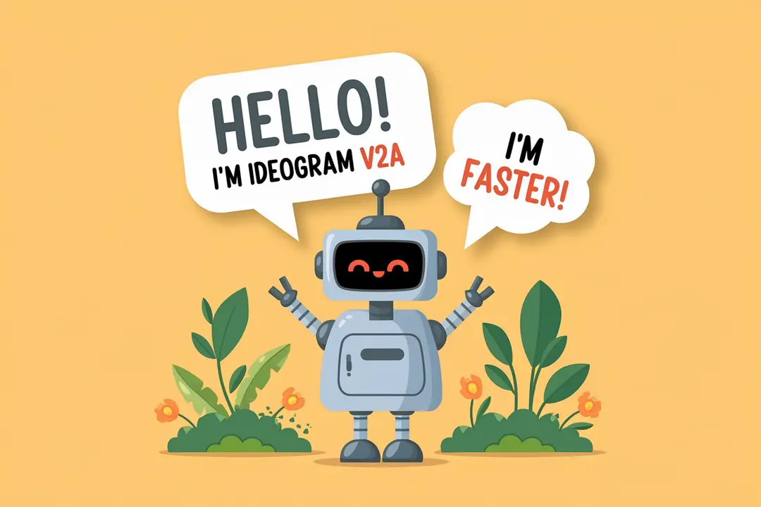 Vector art of a friendly robot, in a speech bubble it says "Hello! I'm Ideogram V2A" in a friendly font, in a second speech bubble it says "I'm faster!", the robot is in a 3D garden
