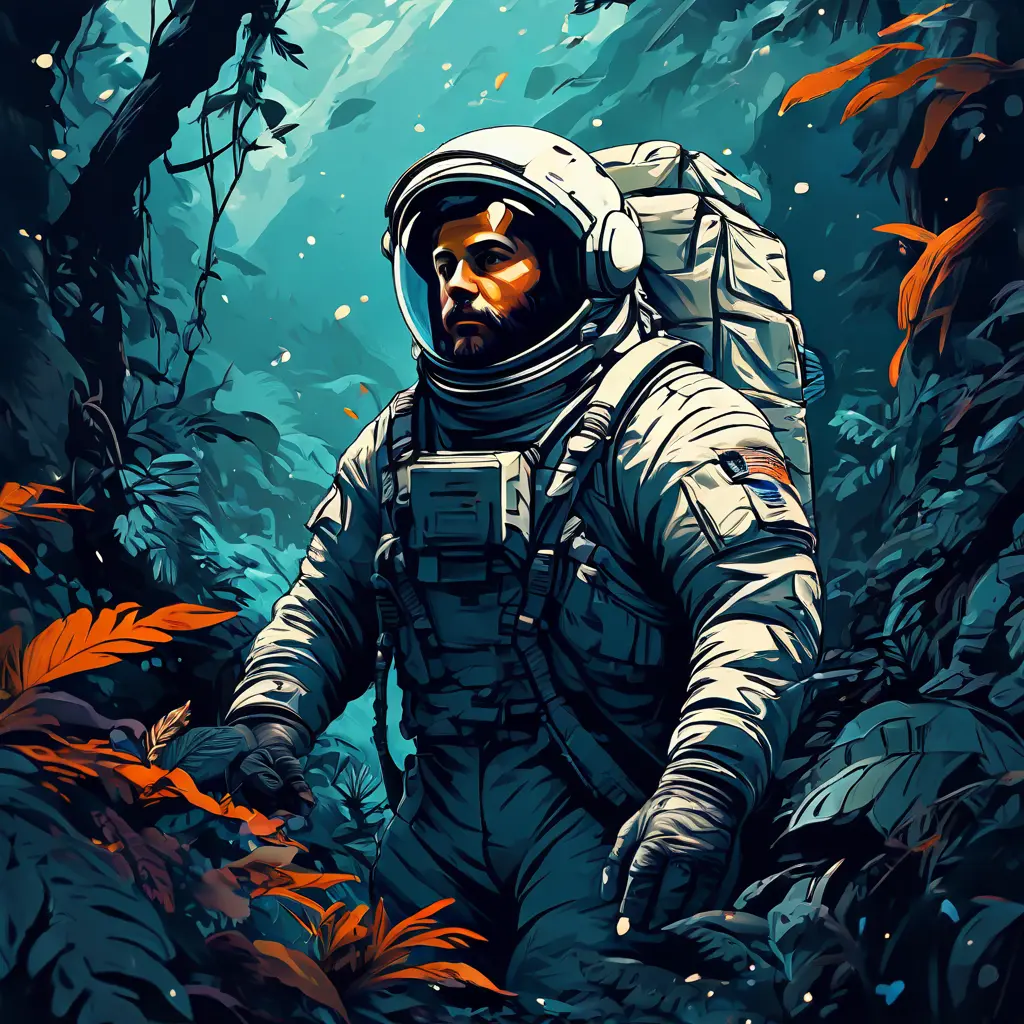Astronaut in a jungle, cold color palette, muted colors, detailed, 8k