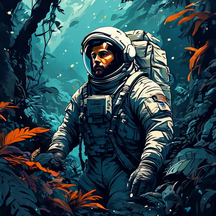 Astronaut in a jungle, cold color palette, muted colors, detailed, 8k