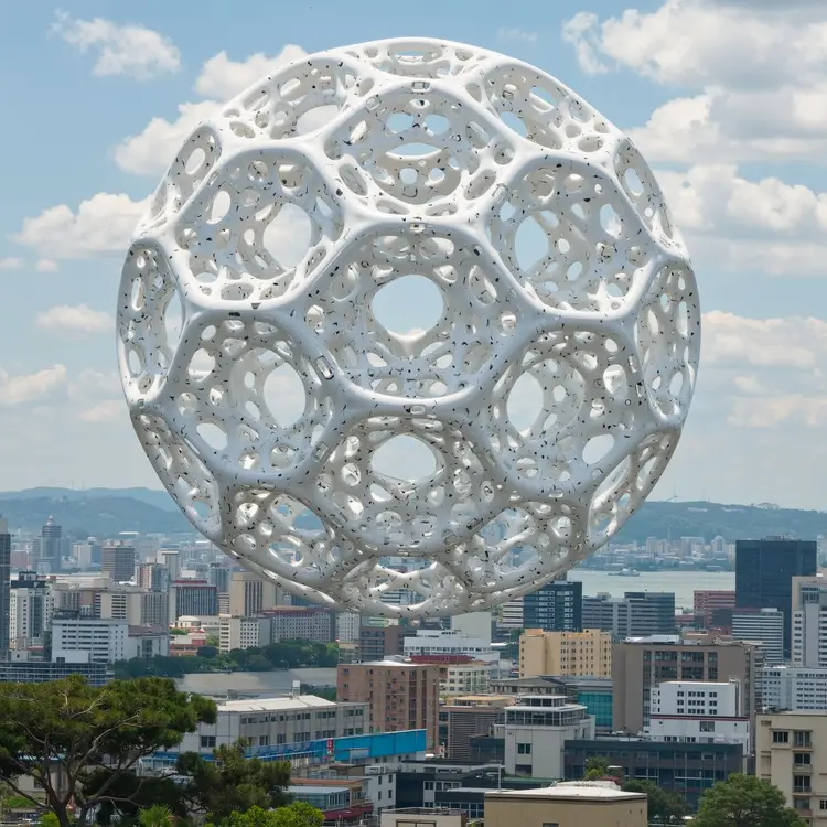 A giant colloidal nonila by artist Greg Grusowitzy stands in the distance against the backdrop of a Japanese city, with its content blacked out.