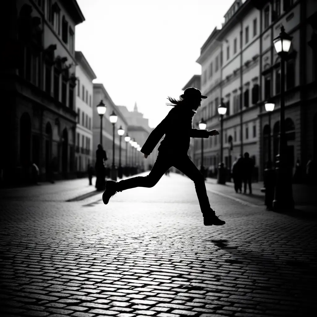 Film noir black and white photo of a man running in an Italian piazza at night in the 1950s
