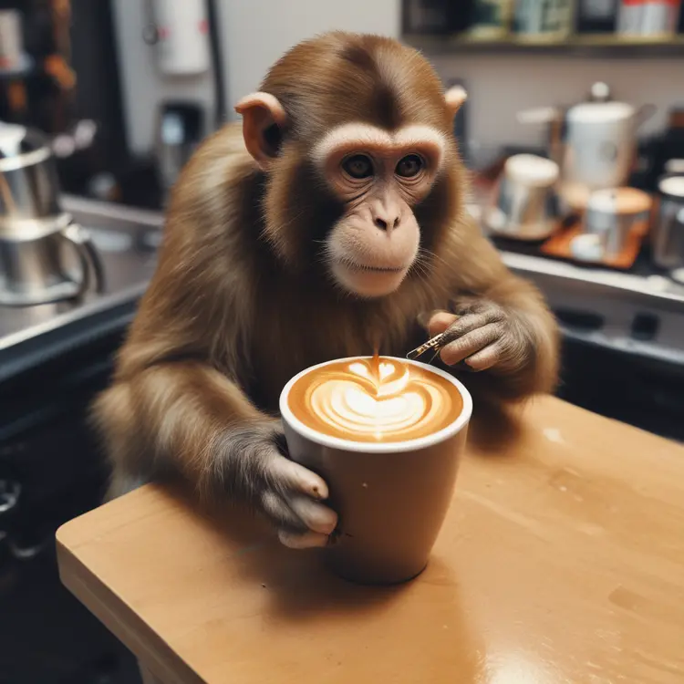 A monkey making latte art