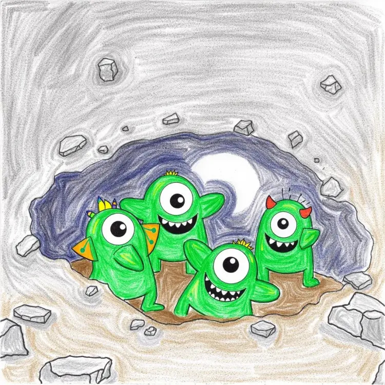 kids drawing of green monsters in a hole