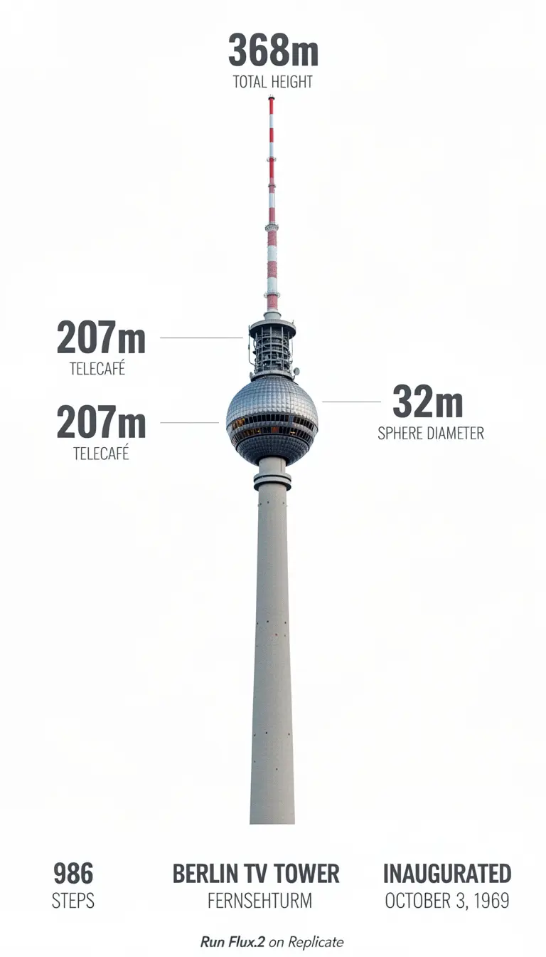 Photorealistic infographic showing the complete Berlin TV Tower (Fernsehturm) from ground base to antenna tip, full vertical view with entire structure visible including concrete shaft, metallic sphere, and antenna spire. Slight upward perspective angle looking up toward the iconic sphere, perfectly centered on clean white background. Left side labels with thin horizontal connector lines: the text '368m' in extra large bold dark grey numerals (#2D3748) positioned at exactly the antenna tip with 'TOTAL HEIGHT' in small caps below. The text '207m' in extra large bold with 'TELECAFÉ' in small caps below, with connector line touching the sphere precisely at the window level. Right side label with horizontal connector line touching the sphere's equator: the text '32m' in extra large bold dark grey numerals with 'SPHERE DIAMETER' in small caps below. Bottom section arranged in three balanced columns: Left - Large text '986' in extra bold dark grey with 'STEPS' in caps below. Center - 'BERLIN TV TOWER' in bold caps with 'FERNSEHTURM' in lighter weight below. Right - 'INAUGURATED' in bold caps with 'OCTOBER 3, 1969' below. At the very bottom center, below the columns, add small italicized text 'Run Flux.2 on Replicate' in medium grey (#A0AEC0). All typography in modern sans-serif font (such as Inter or Helvetica), color #2D3748 unless specified, clean minimal technical diagram style. Horizontal connector lines are thin, precise, and clearly visible, touching the tower structure at exact corresponding measurement points. Professional architectural elevation drawing aesthetic with dynamic low angle perspective creating sense of height and grandeur, poster-ready infographic design with perfect visual hierarchy.