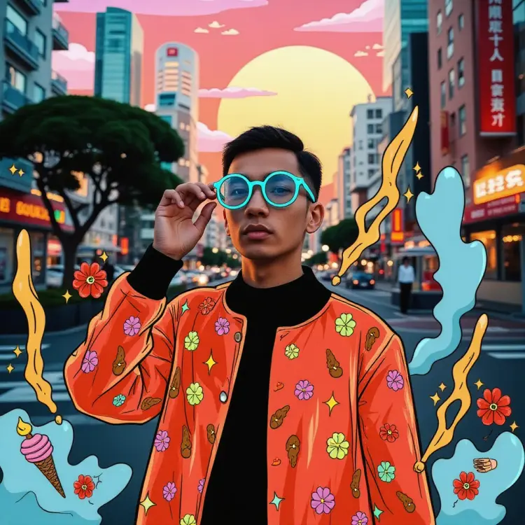 In the style of TOK, a photo editorial avant-garde dramatic action pose of a person wearing 90s round wacky sunglasses pulling glasses down looking forward, in Tokyo with large marble structures and bonsai trees at sunset with a vibrant illustrated jacket surrounded by illustrations of flowers, smoke, flames, ice cream, sparkles, rock and roll