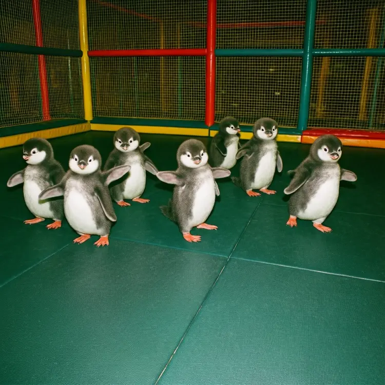 A group of baby penguins in a trampoline park, having the time of their lives, 80s vintage photo