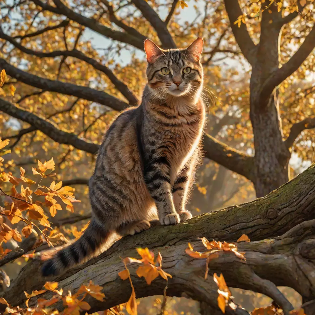 photo of a Cat poised gracefully atop an ancient oak tree, autumn leaves fluttering around, golden hour casting long shadows, backlit, sharp focus on feline, bokeh effect on background foliage, digital painting.