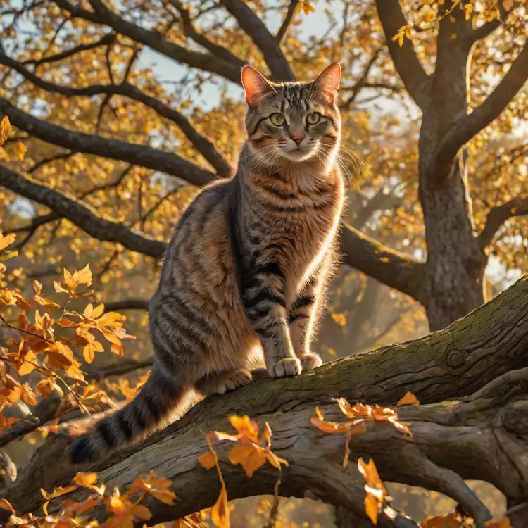 photo of a Cat poised gracefully atop an ancient oak tree, autumn leaves fluttering around, golden hour casting long shadows, backlit, sharp focus on feline, bokeh effect on background foliage, digital painting.