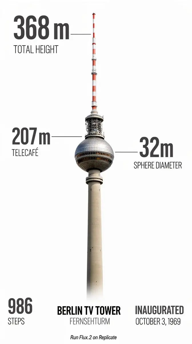 Photorealistic infographic showing the complete Berlin TV Tower (Fernsehturm) from ground base to antenna tip, full vertical view with entire structure visible including concrete shaft, metallic sphere, and antenna spire. Slight upward perspective angle looking up toward the iconic sphere, perfectly centered on clean white background. Left side labels with thin horizontal connector lines: the text '368m' in extra large bold dark grey numerals (#2D3748) positioned at exactly the antenna tip with 'TOTAL HEIGHT' in small caps below. The text '207m' in extra large bold with 'TELECAFÉ' in small caps below, with connector line touching the sphere precisely at the window level. Right side label with horizontal connector line touching the sphere's equator: the text '32m' in extra large bold dark grey numerals with 'SPHERE DIAMETER' in small caps below. Bottom section arranged in three balanced columns: Left - Large text '986' in extra bold dark grey with 'STEPS' in caps below. Center - 'BERLIN TV TOWER' in bold caps with 'FERNSEHTURM' in lighter weight below. Right - 'INAUGURATED' in bold caps with 'OCTOBER 3, 1969' below. At the very bottom center, below the columns, add small italicized text 'Run Flux.2 on Replicate' in medium grey (#A0AEC0). All typography in modern sans-serif font (such as Inter or Helvetica), color #2D3748 unless specified, clean minimal technical diagram style. Horizontal connector lines are thin, precise, and clearly visible, touching the tower structure at exact corresponding measurement points. Professional architectural elevation drawing aesthetic with dynamic low angle perspective creating sense of height and grandeur, poster-ready infographic design with perfect visual hierarchy.