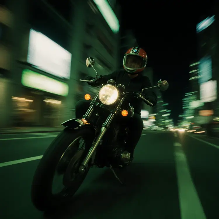 Extreme close up of a vintage BMW racing through Tokyo at night, tilted camera, green color grading, bokeh