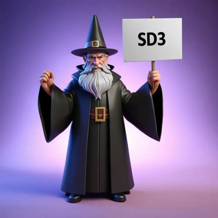 a 3D render of a wizard holding a sign saying "SD3"