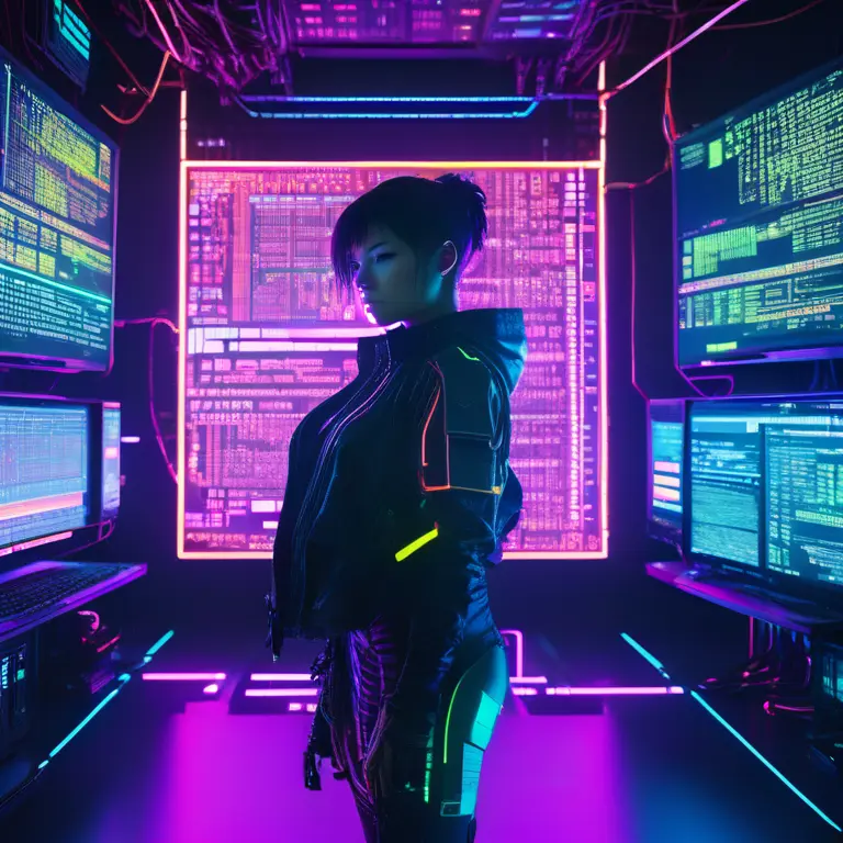 NEONPUNK, A rogue hacker in her neon-lit lair, walls covered in digital code, prepping for a cyber heist, cold cyans clashing with electric oranges, 2D digital painting, intense and focused, screens projecting data maps, techy and modern, reminiscent of 'Ghost in the Shell', underground, high-stakes mission, centering the hacker, cables snaking around, mysterious, AI companions hovering, vector art, holo displays open, action-ready stance, by Syd Mead, sleek, tech-infused, with binary code streaming continuously.
