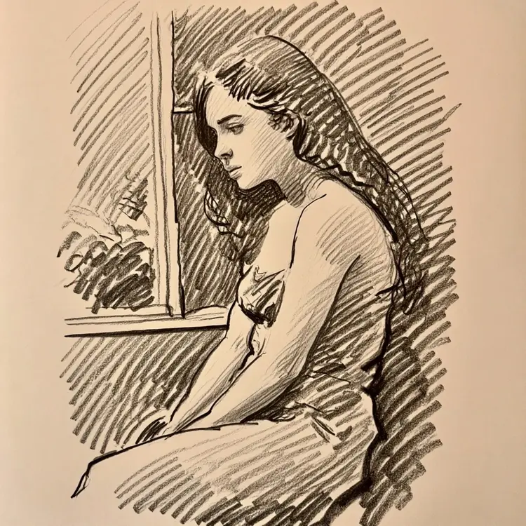 A color pencil sketch of a woman with flowing hair sitting by a window with plants.