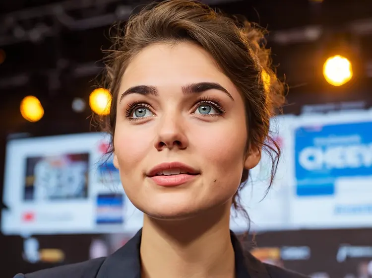 a close up portrait of @woman, she is standing on stage in the middle of giving a tech talk at a large conference