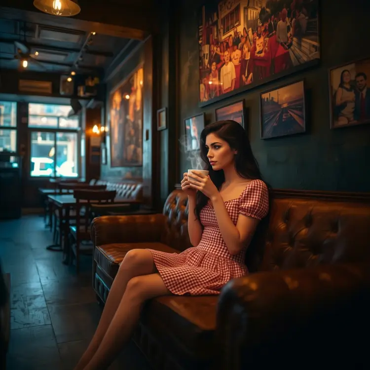 The woman from image 2 on the sofa drinking coffee in the scene from image 1