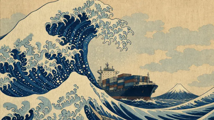 Ukiyo-e woodblock wave breaking over a container ship