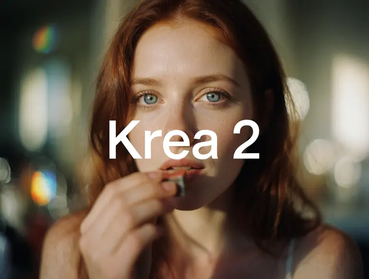 The text "Krea 2" positioned in the dead center, in large helvetica font. An authentic, candid film portrait of a young woman, captured on high-ISO analog stock. Rich textures, fine film grain, and a subtle vintage color cast. A wide-open aperture creates a shallow depth of field, dissolving the background into creamy bokeh and pulling all focus to the expression in her eyes. There is a golden hour glow with glints of rainbow bokeh.