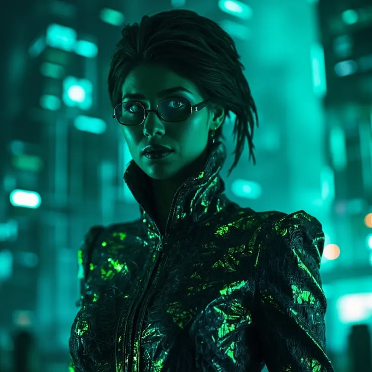 A portrait with teal lighting showing a cyberpunk wearing a futuristic outfit
