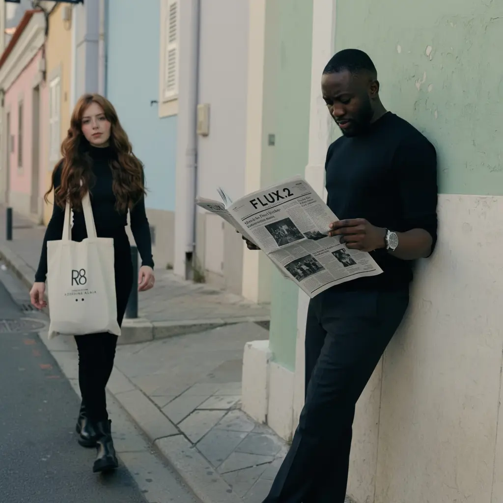 The man is leaning against the wall reading a newspaper with the title "FLUX.2"
The woman is walking past him, carrying one of the tote bags with the text "R8" on it, wearing the black boots The focus is on their contrasting styles, her relaxed, creative vibe versus his formal look.