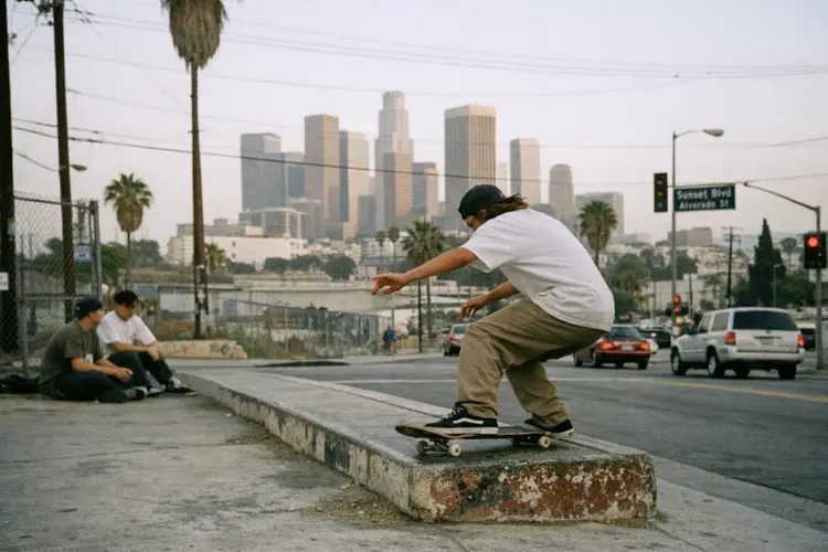 los angeles landscape skateboarding shot with the following style: late 1990s documentary street photography shot on 35mm color film, Leica M-style rangefinder camera with a 35mm lens, Kodak Portra 400 color palette, natural daylight, soft contrast, muted realistic colors, embedded film grain, slight edge softness, observational candid framing, no HDR, no modern digital sharpness, no cinematic lighting