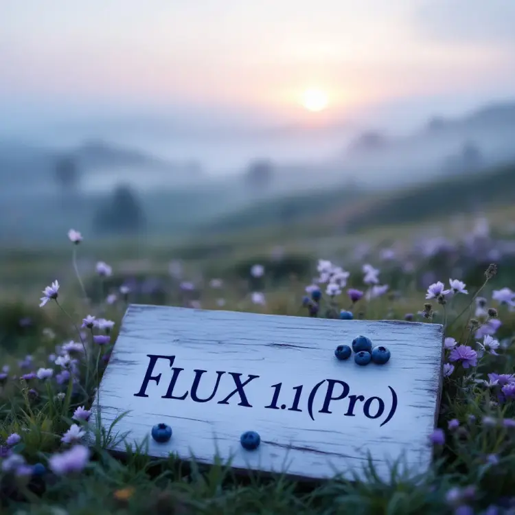 a beautiful mystical landscape photo with the text "FLUX 1.1 [Pro]", subtle beauty, must say "1.1", incorporate blueberries