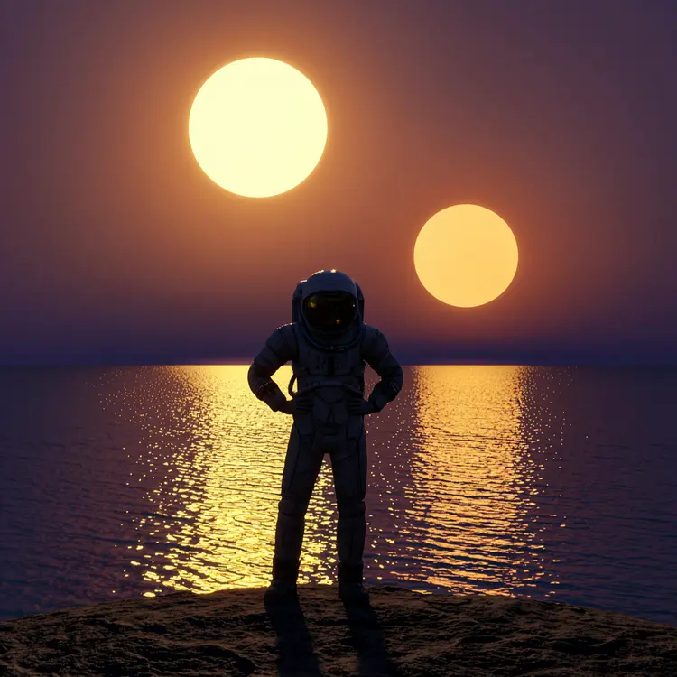 A cinematic image set of a lone astronaut exploring an alien planet. First: stepping out of the landing pod onto red sand dunes. Second: discovering glowing crystal formations in a cave. Third: watching twin suns set over an alien ocean. Fourth: planting a flag on a mountaintop overlooking the alien landscape.