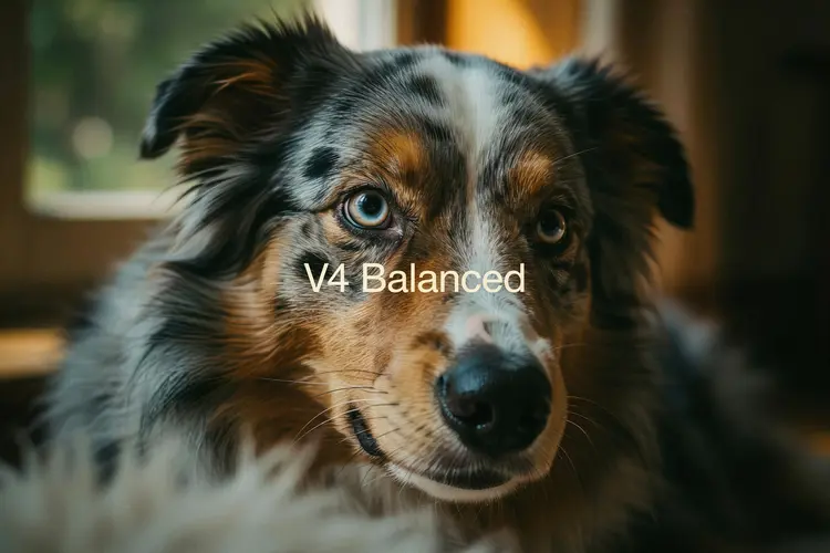 The text "V4 Balanced" positioned perfectly in the center. An intimate, candid documentary-style color film portrait focusing on the soulful eye of an Australian Shepherd. Soft high-ISO film grain, subtle vintage color cast, cinematic lighting, and a heavily blurred, bokeh-rich background.